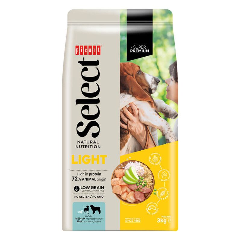 Picart Select Light e Sterilised - Ração seca para cão adulto para controlo do peso de Frango e arroz