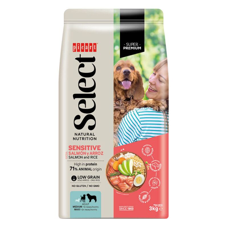 Picart Select Sensitive Medium e Maxi - Ração seca para cão adulto médio e grande de Salmão e arroz