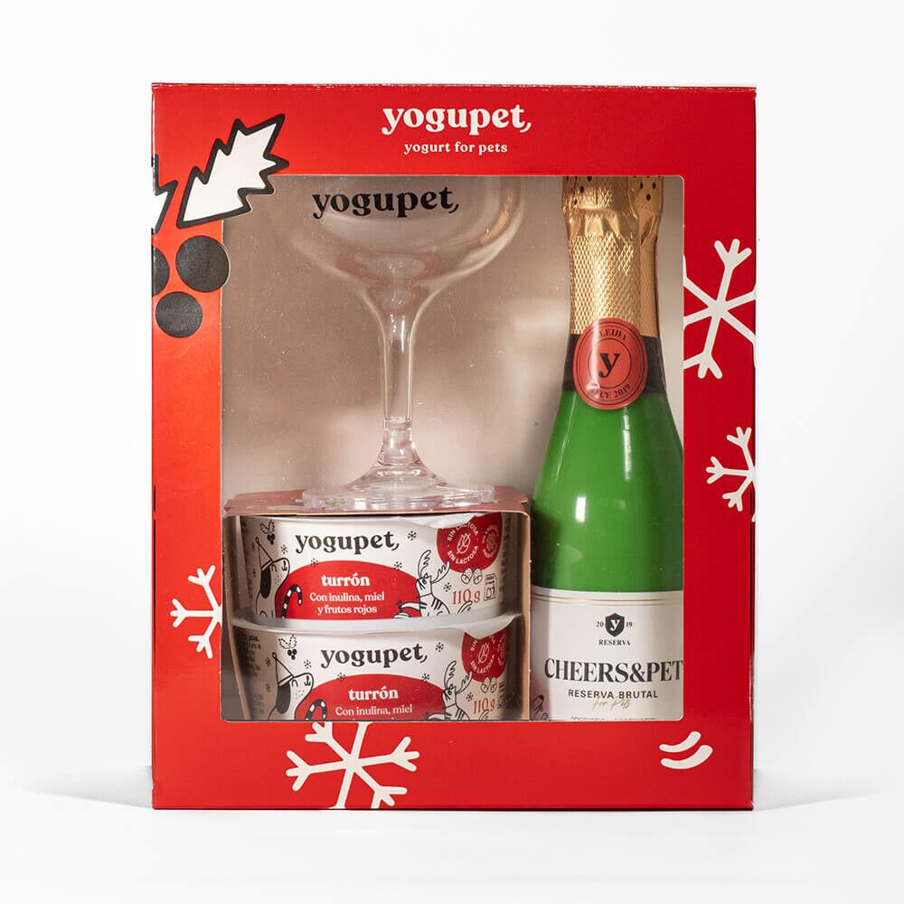 Caixa de Natal Yogupet – Champanhe + Copo + 2 Iogurtes para Cães