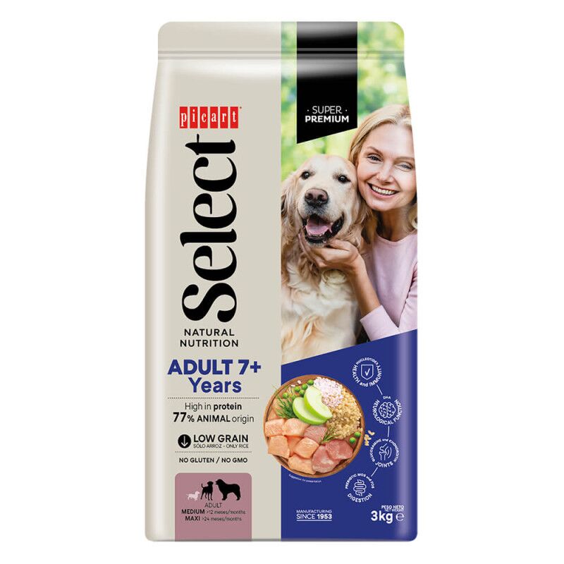 Picart Select 7+ - Ração seca para cão com mais de 7 anos de Frango e arroz