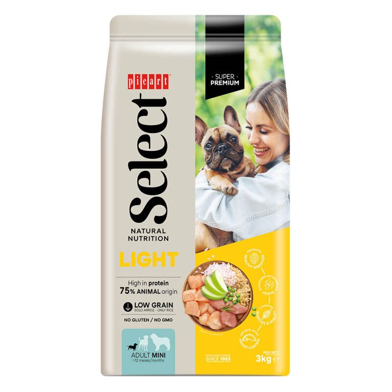 Picart Select Mini Light e Sterilised - Ração seca para cão adulto pequeno para controlo do peso de Frango e arroz